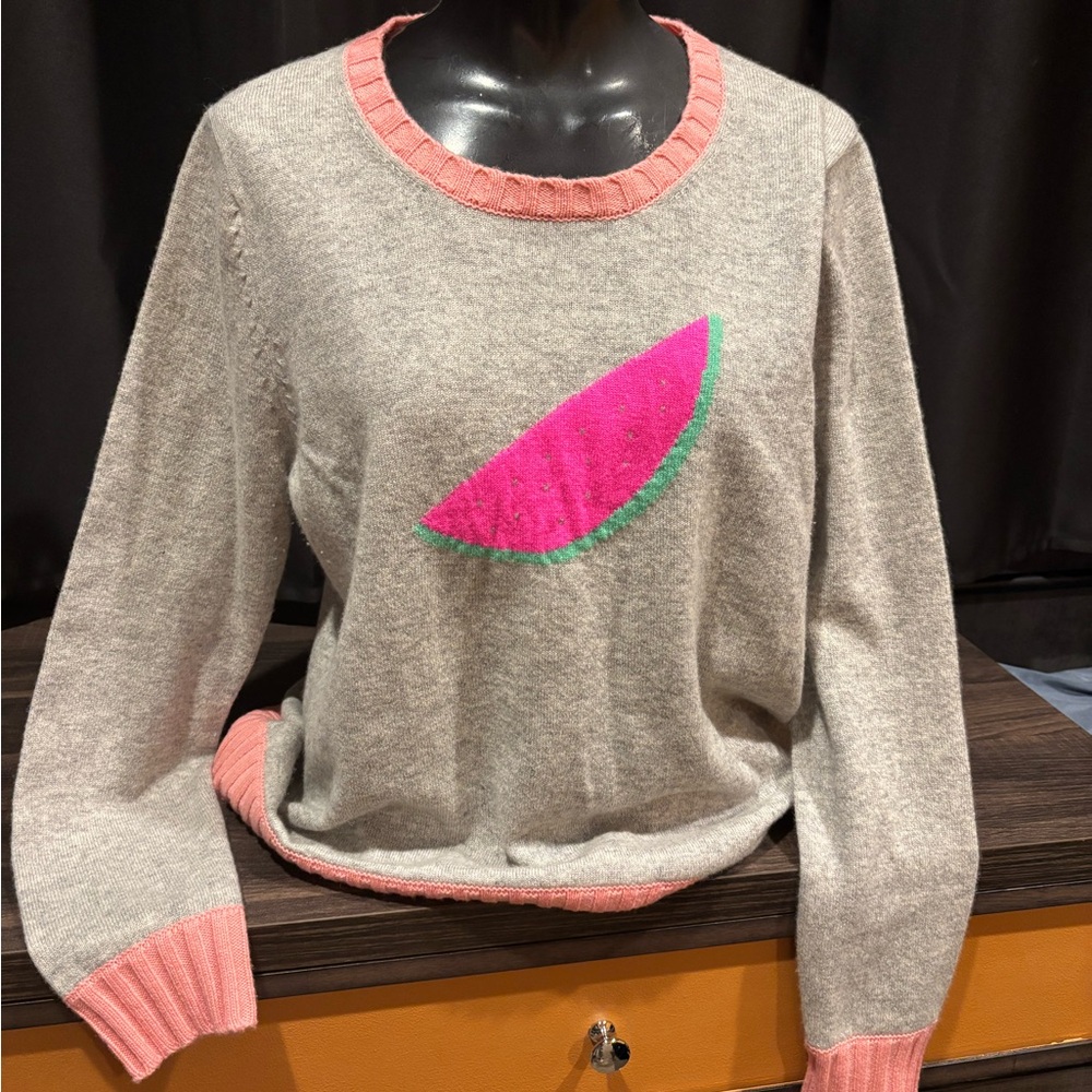 Alessandra Rich Cashmere Women's Pink and Gray Sweater with Watermelon Design